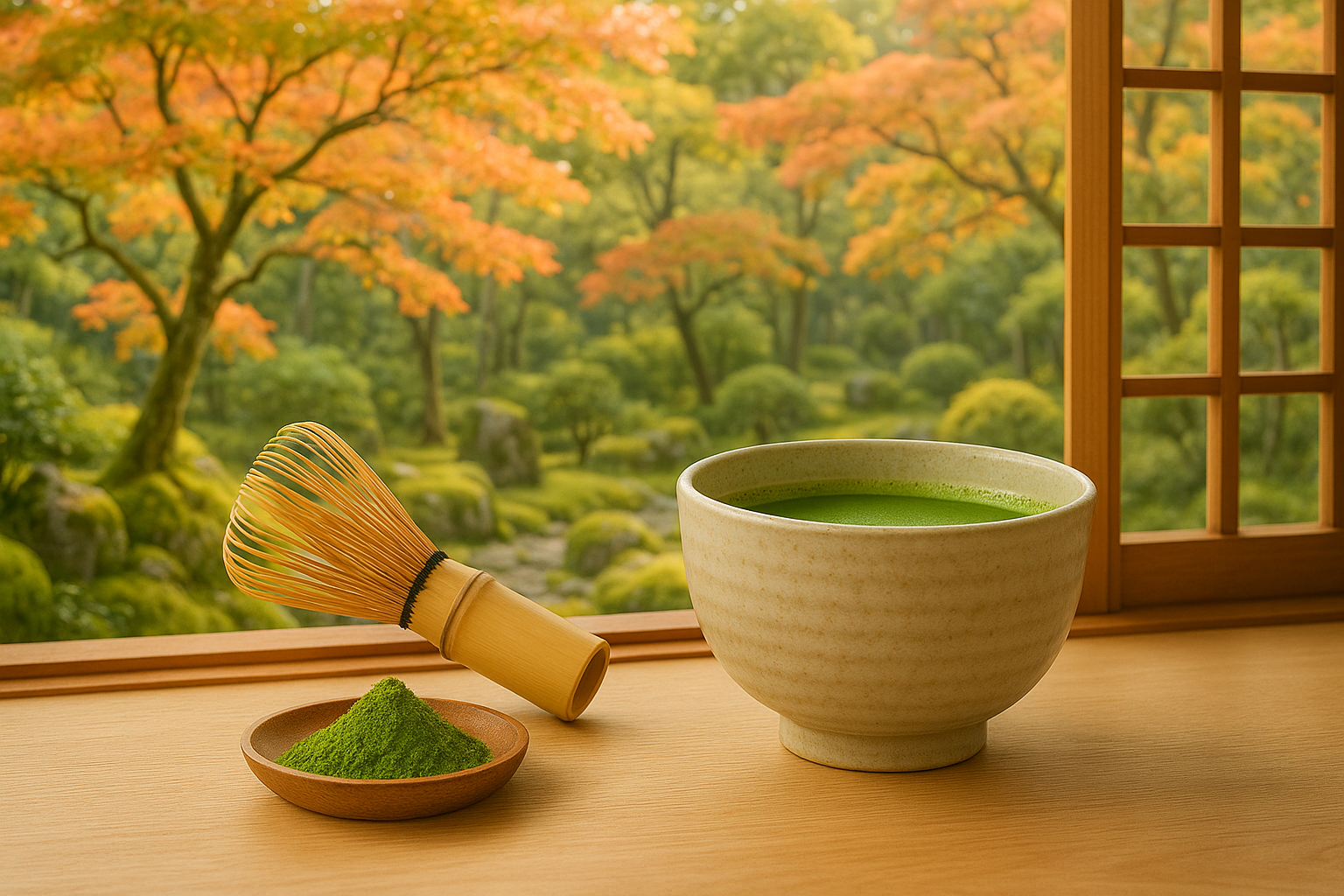Taza de té matcha ceremonial japonés premium en mesa tradicional