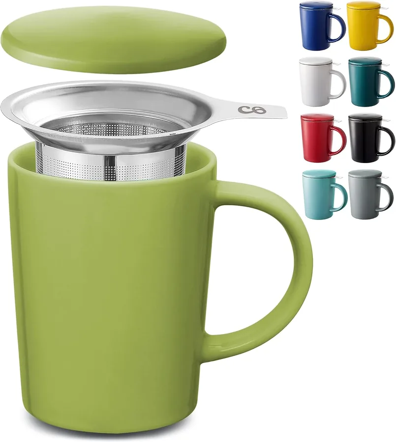 Cosumy, tazza verde matcha da 400 ml con coperchio e filtro