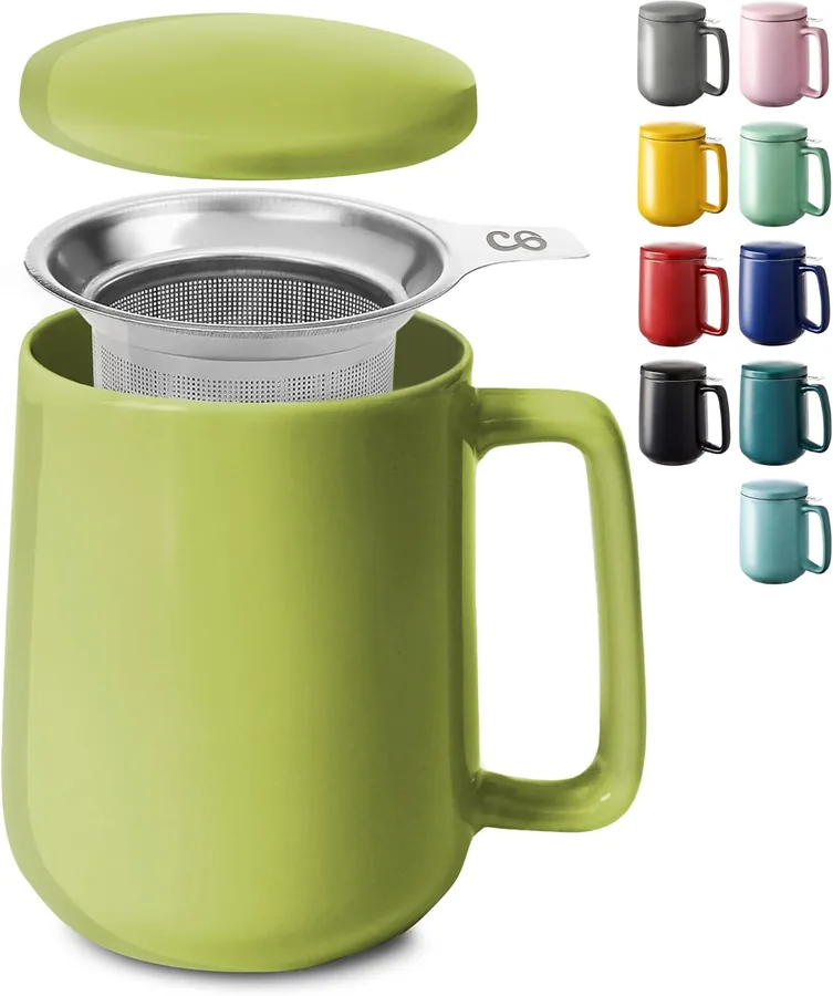 Cosumy, tazza verde matcha da 500 ml con coperchio e filtro