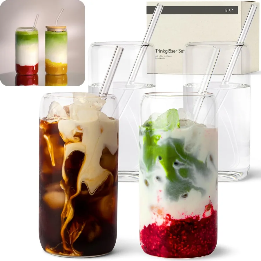 KIVY, 4 bicchieri lattina da 450 ml con cannuccia di vetro